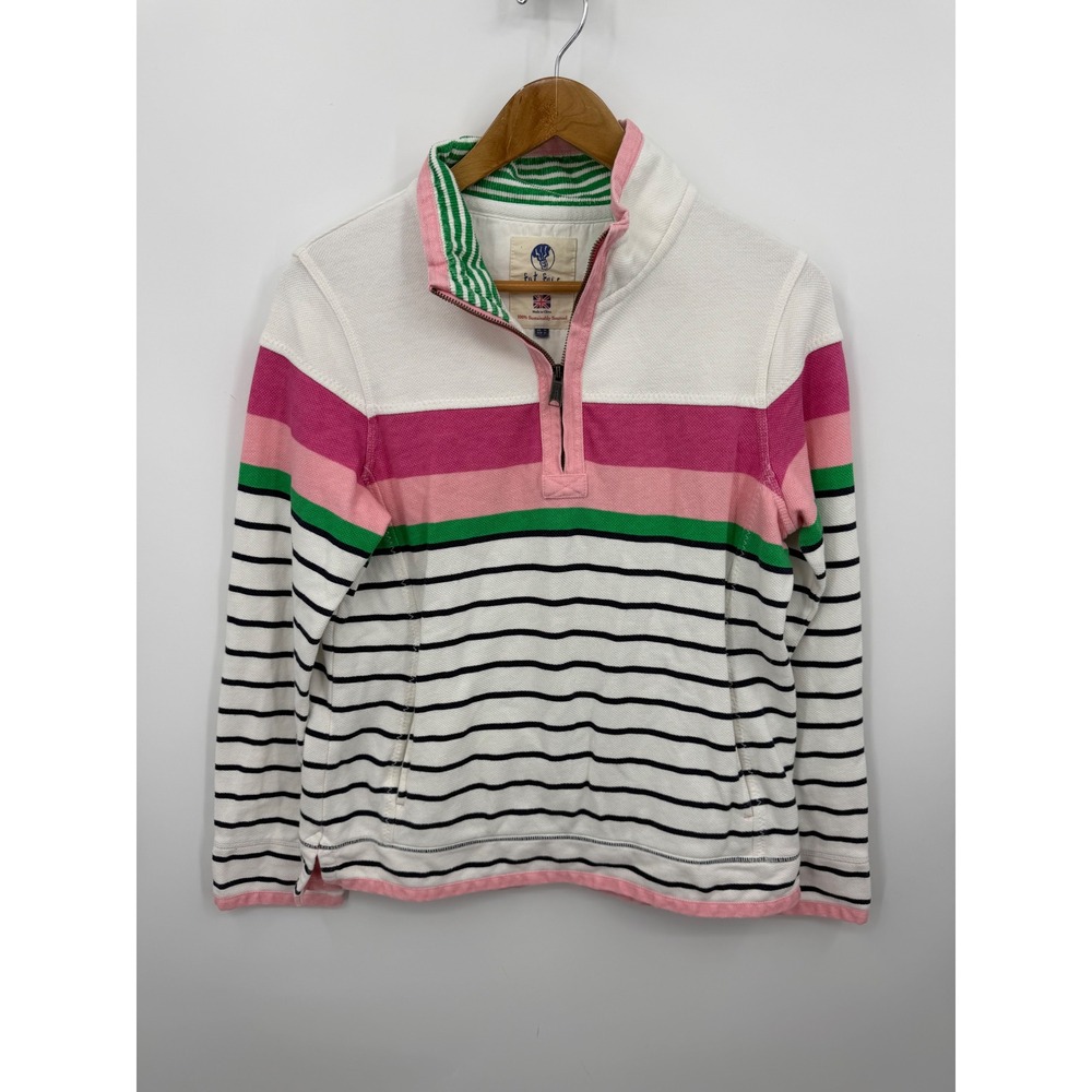 FatFace The Airlie Pullover Sweatshirt Womens 8 White Pink Striped Quarter Zip